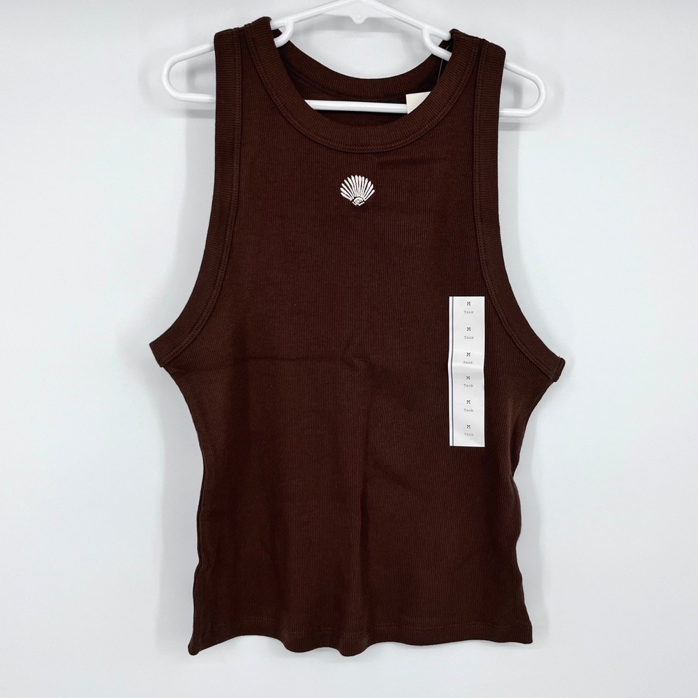 A New Day Tank Top Girls Medium Brown Ribbed Seashell Graphic Sleeveless Summer